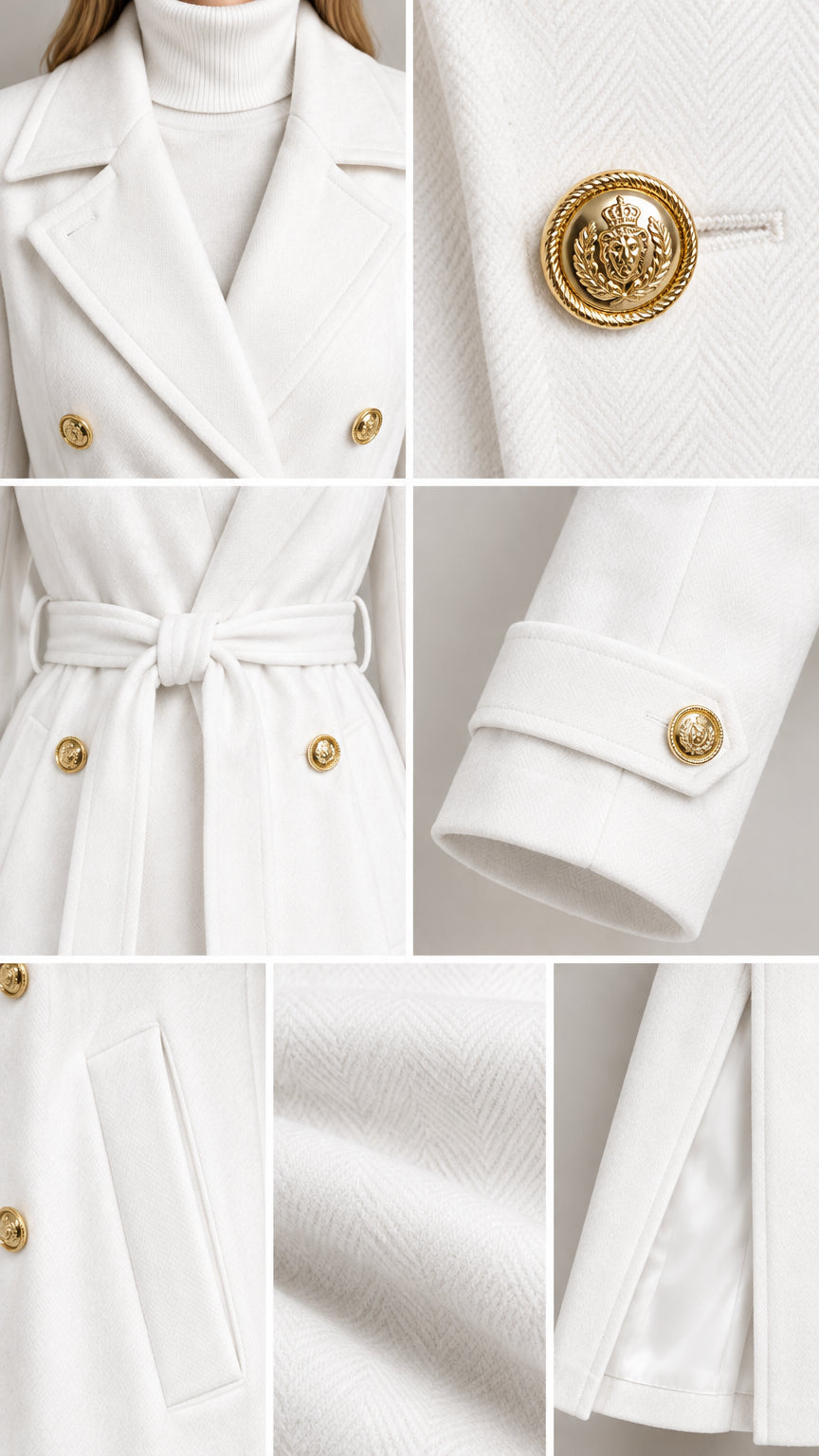 Close-up details of white coat showing lapel, embossed gold crest buttons, belt, and welt pocket