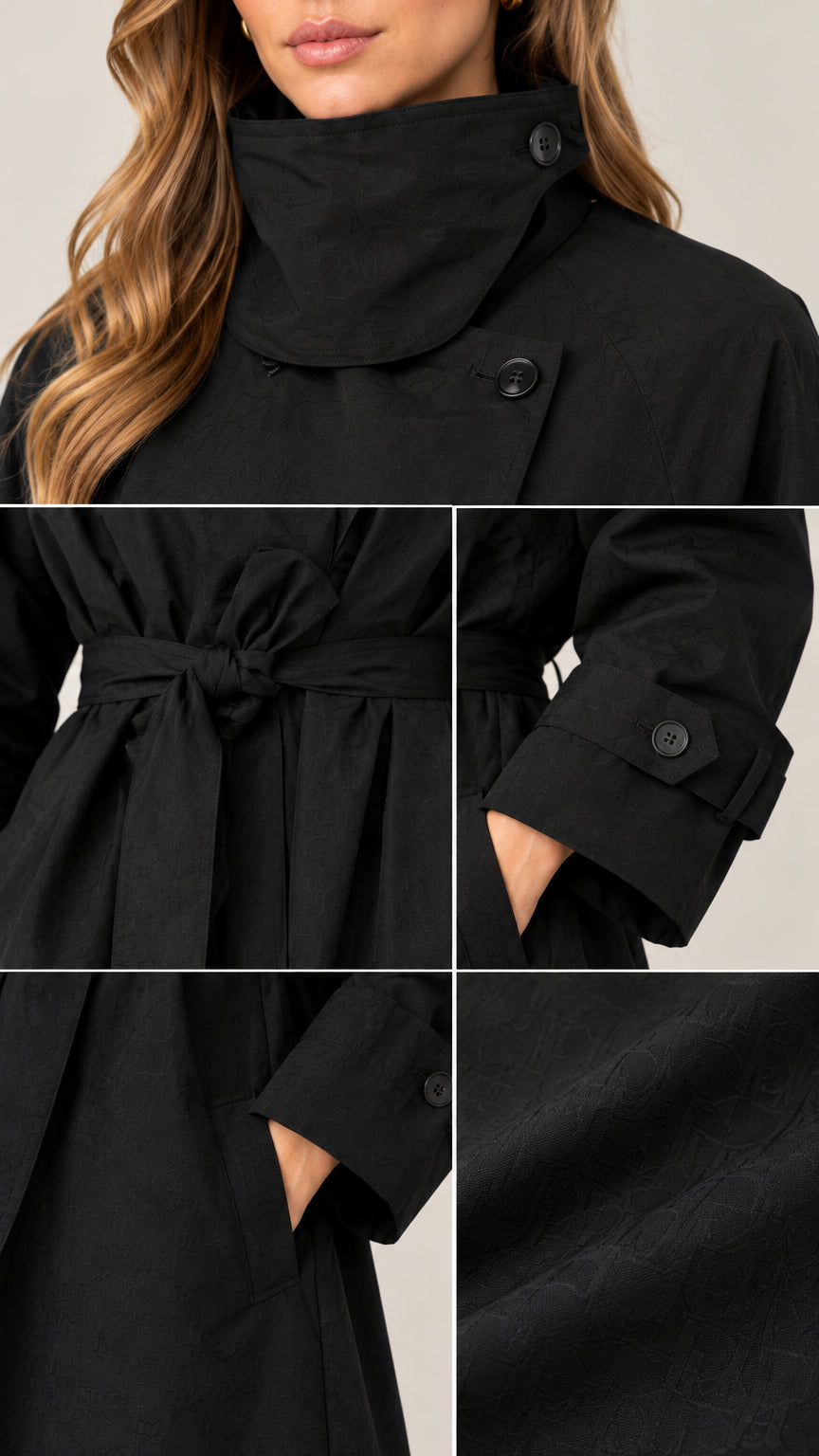 Close-up details of the high funnel neckline, cuff buttons, pockets, and fabric texture of the black trench coat