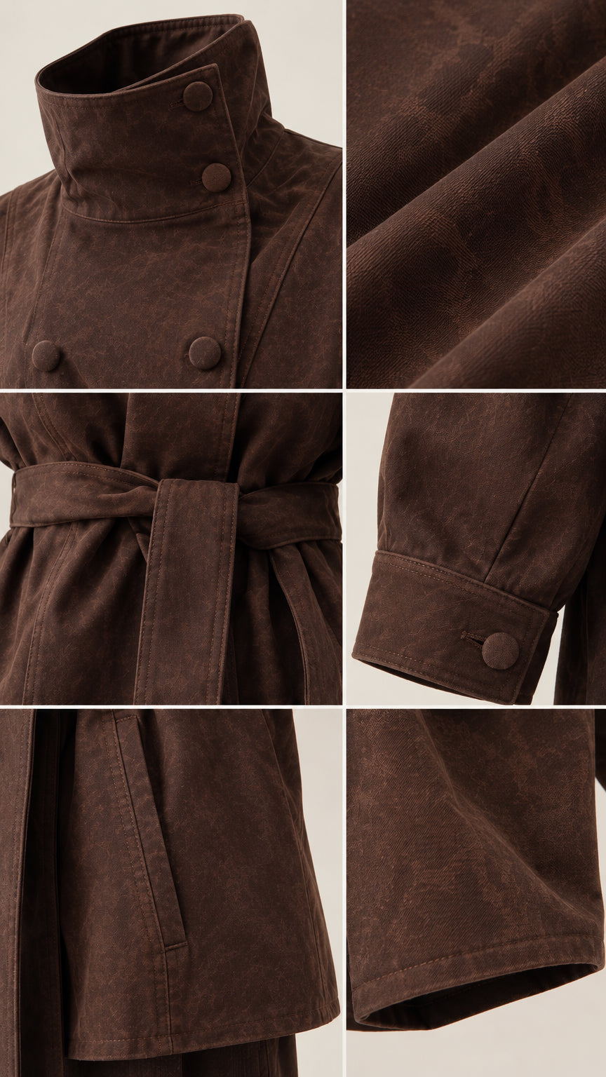 Close-up detail collage of brown jacket collar, fabric texture, belt, cuffs, and pockets