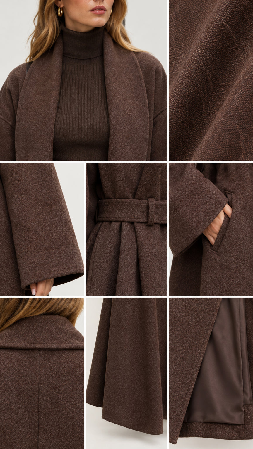 Fabric and design close-up details of brown coat including collar, cuffs, pocket, and lining