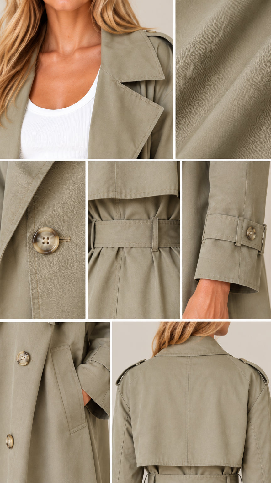 Close-up detail shots of the sage green trench coat highlighting the collar, fabric texture, buttons, tie belt, and cuff straps