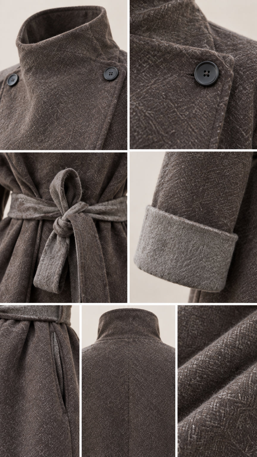 Close-up details of collar buttons, woven fabric texture, tie belt, cuff, and pocket
