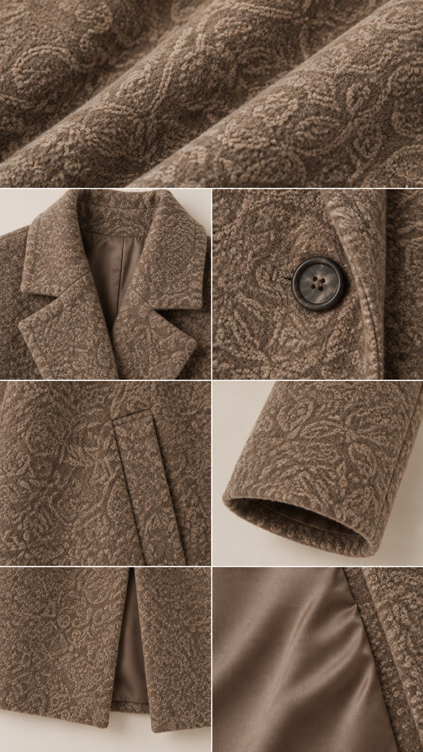 Close-up collage of overcoat fabric texture, lapel detail, button closure, pocket, back vent, and lining