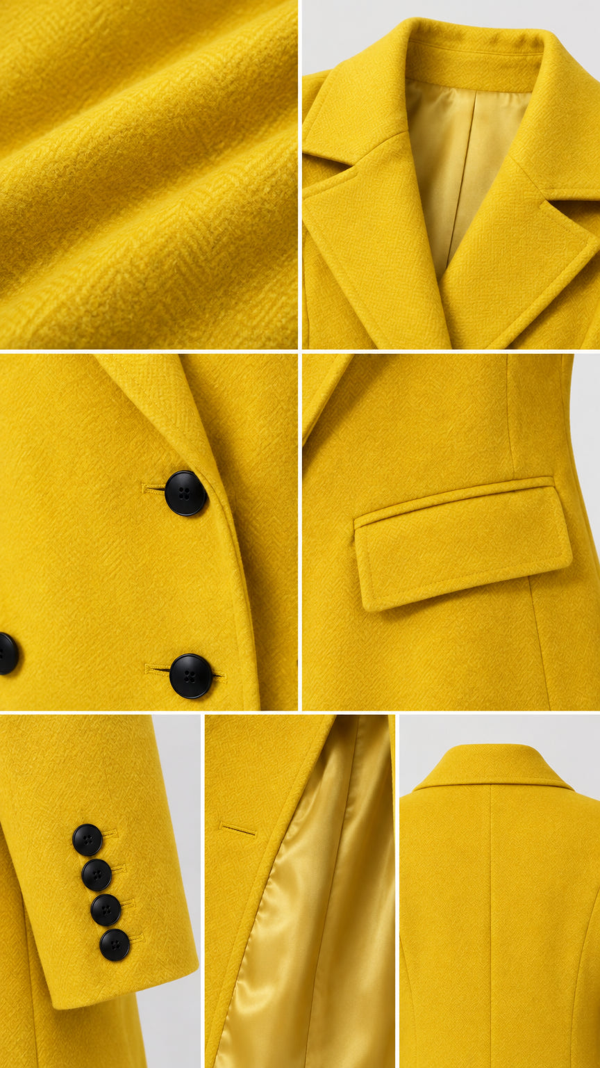Detailed collage showing fabric weave, notched lapel, dark buttons, flap pocket, button cuffs, and silky lining