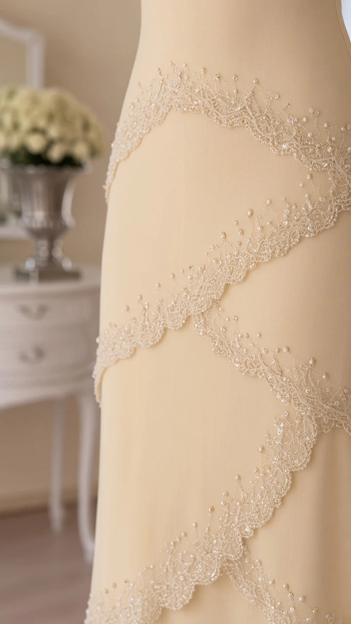 Close-up detail of beaded lace trim along dress tiers
