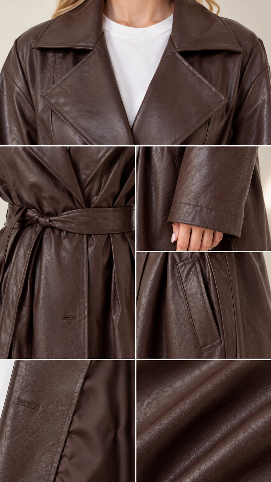 Detailed close-up collage of lapel collar, belt tie, sleeve cuff, and textured faux leather material