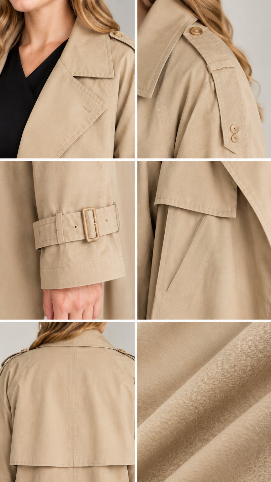 Close-up details of trench coat collar, shoulder epaulet, buckled cuff, side pocket, and fabric texture