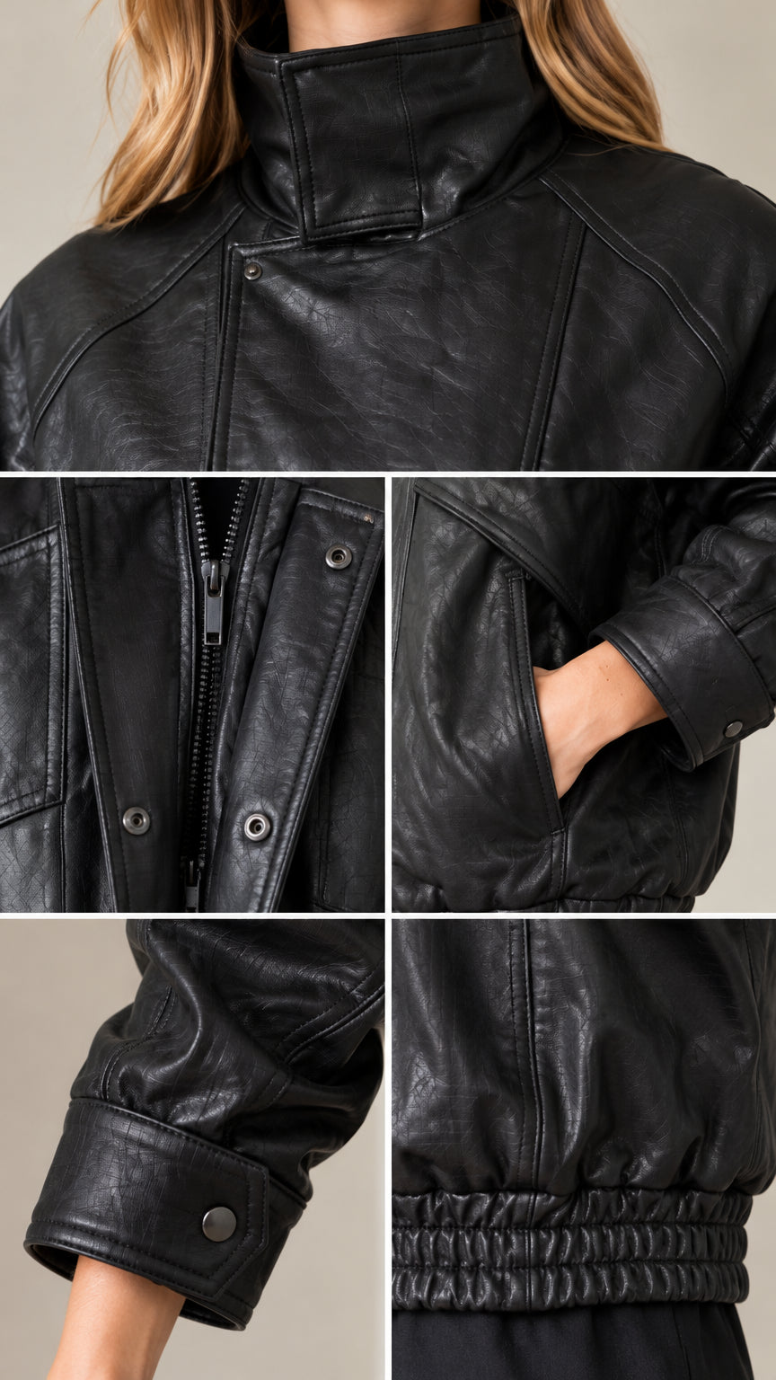 Close-up details of collar, zipper placket, pocket, cuff snaps, and elastic hem on black jacket