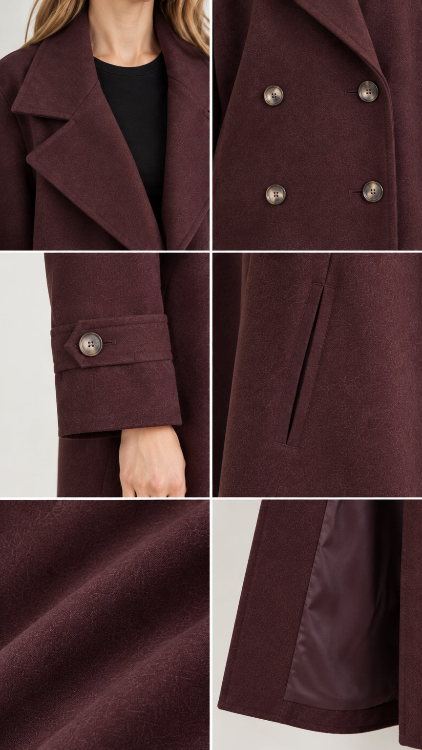 Close-up details of the notch lapel, double-breasted buttons, cuff tab, welt pocket, fabric texture, and lining
