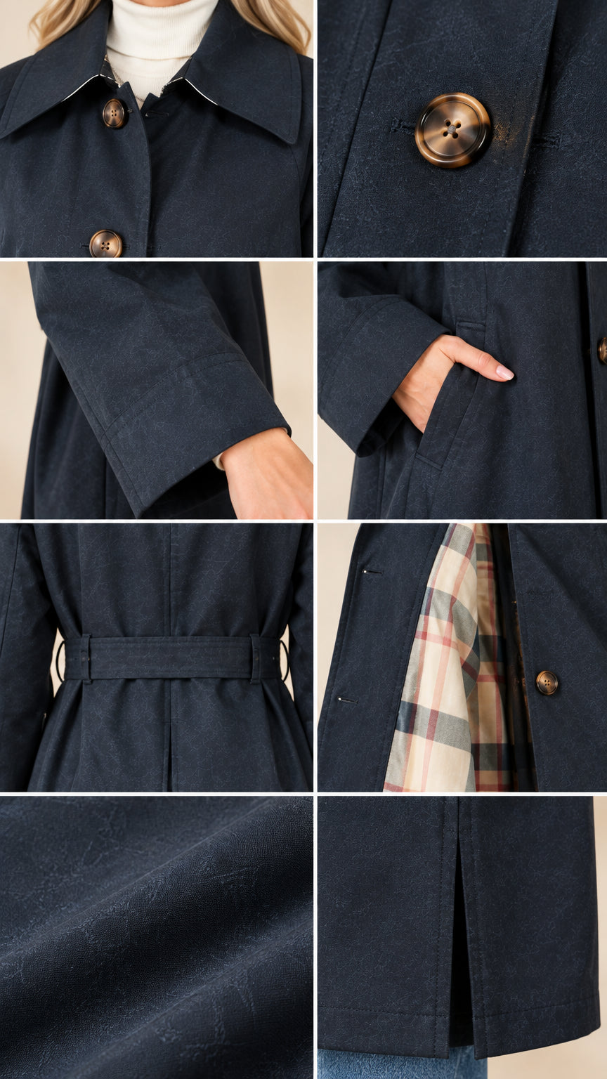 Close-up details of navy blue trench coat showing collar, tortoiseshell buttons, pockets, fabric texture, and plaid lining