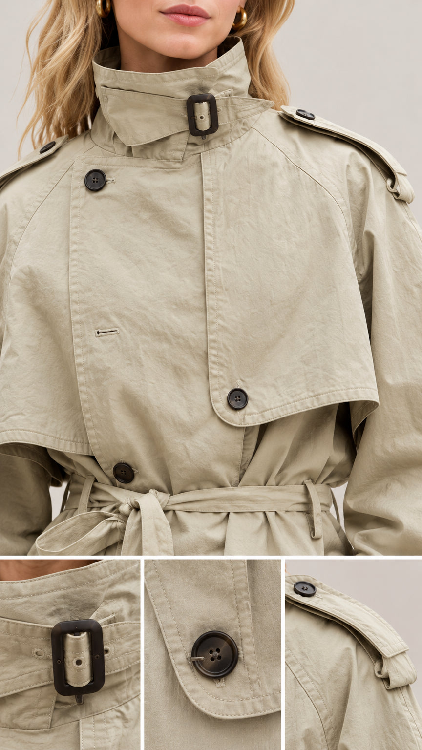 Close-up details of collar buckle, storm flap buttons, and epaulette on sage green trench jacket