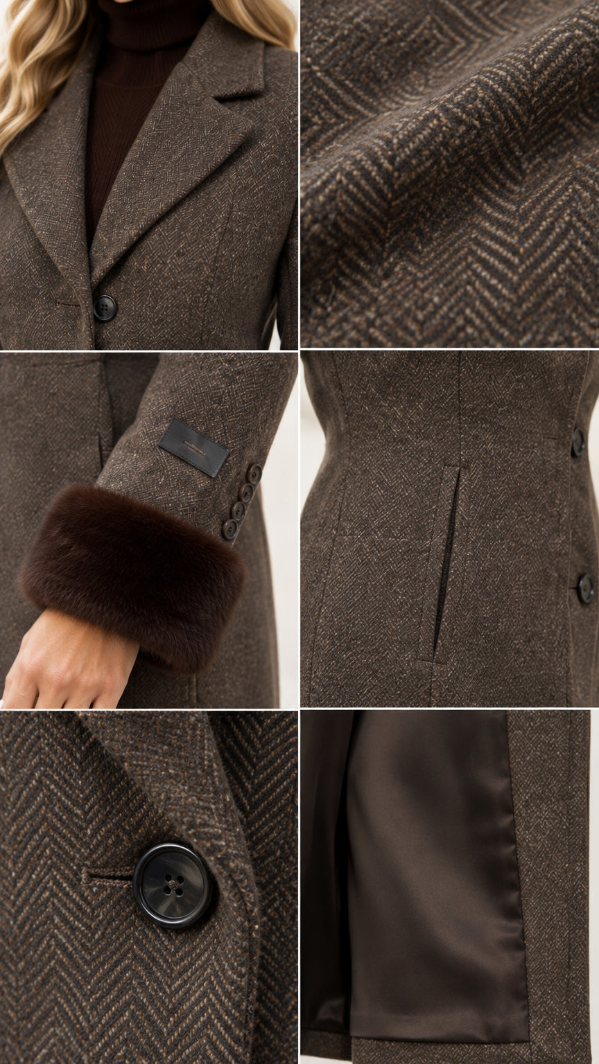 Detailed close-ups of lapel, herringbone fabric texture, fur cuff, pocket, and button lining