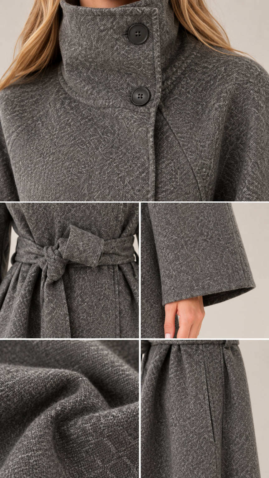Close-up details of collar buttons, self-tie belt, sleeve cuff, and fabric texture in charcoal grey