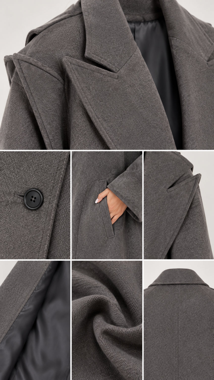 Close-up details of collar lapel, button closure, angled pocket, smooth inner lining, and textured fabric