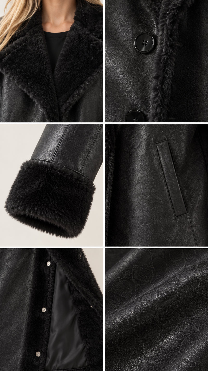 Close-up details of collar, buttons, cuffs, and texture on black faux shearling coat