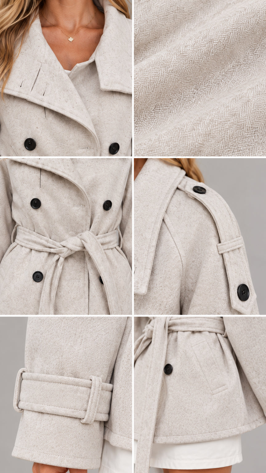 Close-up collage of coat details including notched collar, woven fabric texture, waist belt, shoulder epaulettes, and sleeve straps