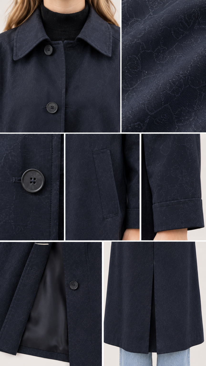 Detail collage showing point collar, button fastening, side welt pocket, inner lining, and back vent