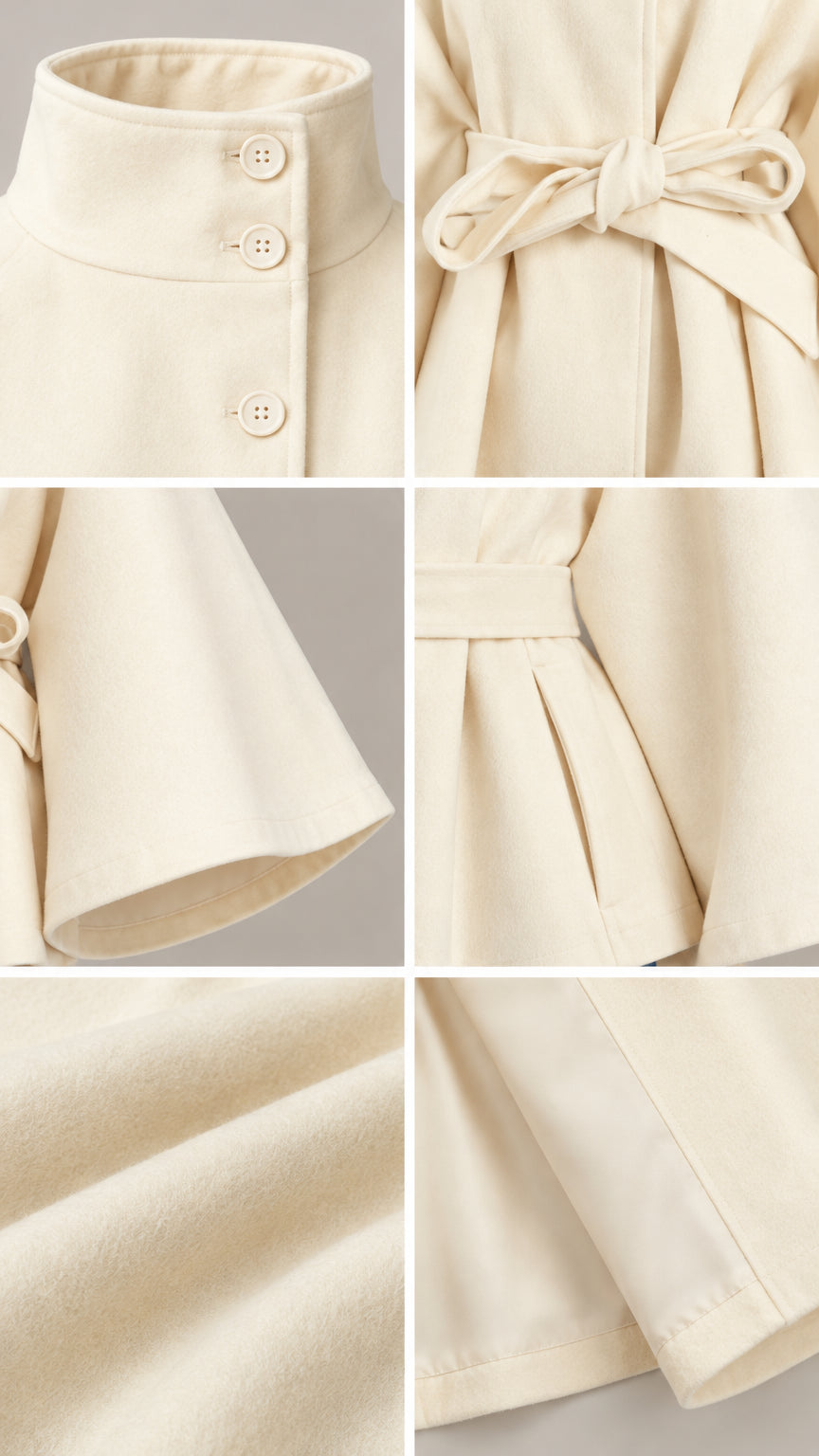 Detailed collage of cream cape coat collar buttons, belt tie, sleeve opening, and fabric