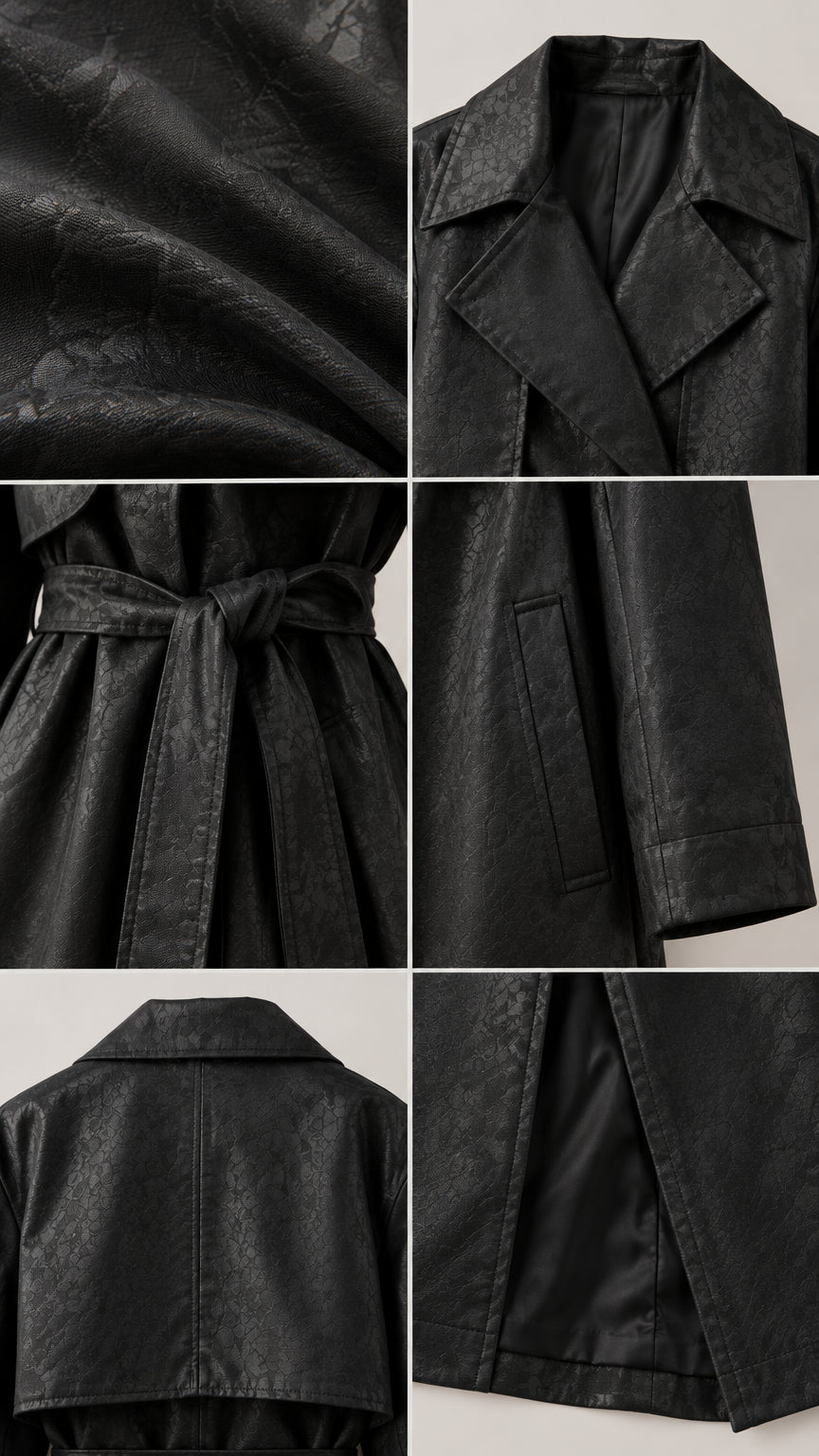 Close-up details of black faux leather texture, lapel, waist tie, and pocket