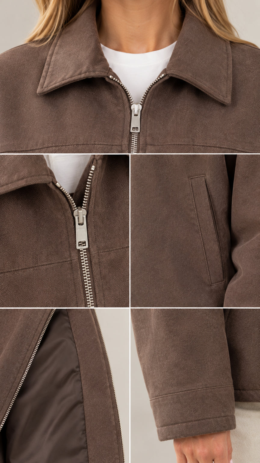 Detailed close-ups of the point collar, metal zipper, welt pocket, and interior lining