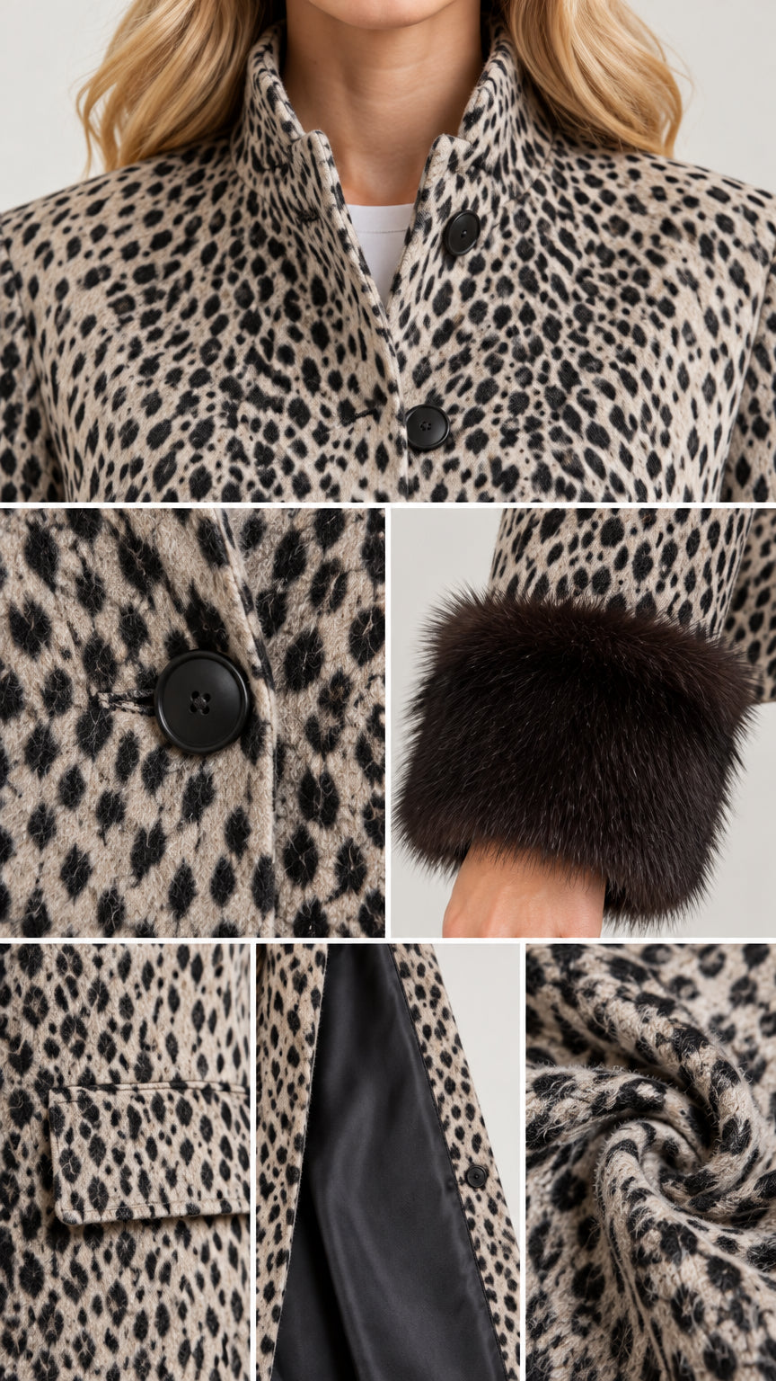 Detailed close-up views of stand collar, front button, plush fur cuff, flap pocket, lining, and leopard texture