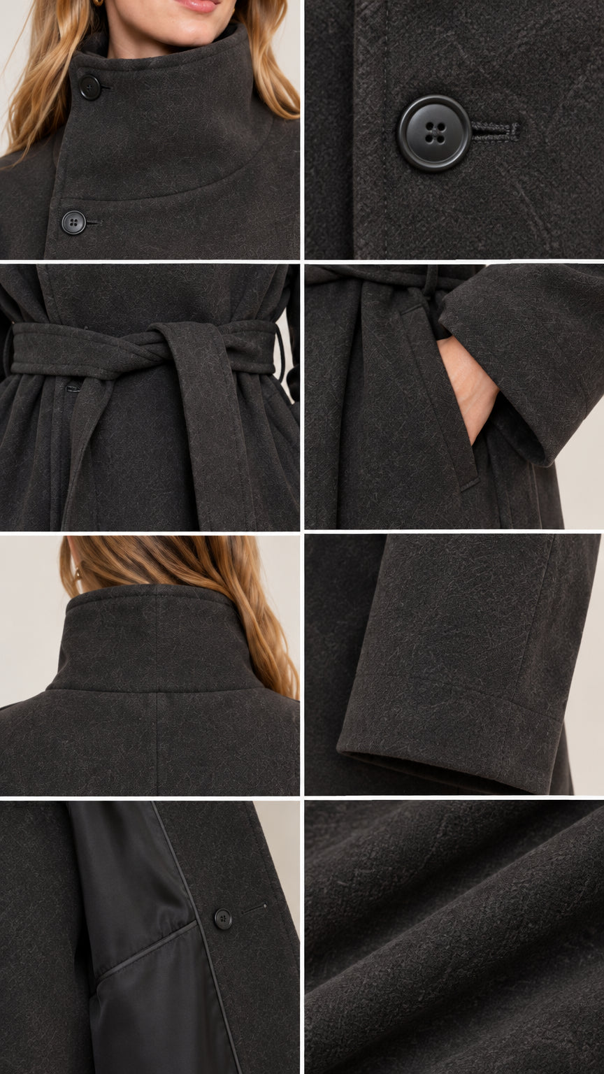 Detail collage showing charcoal coat's stand collar, button closure, tie belt, lining, and fabric texture
