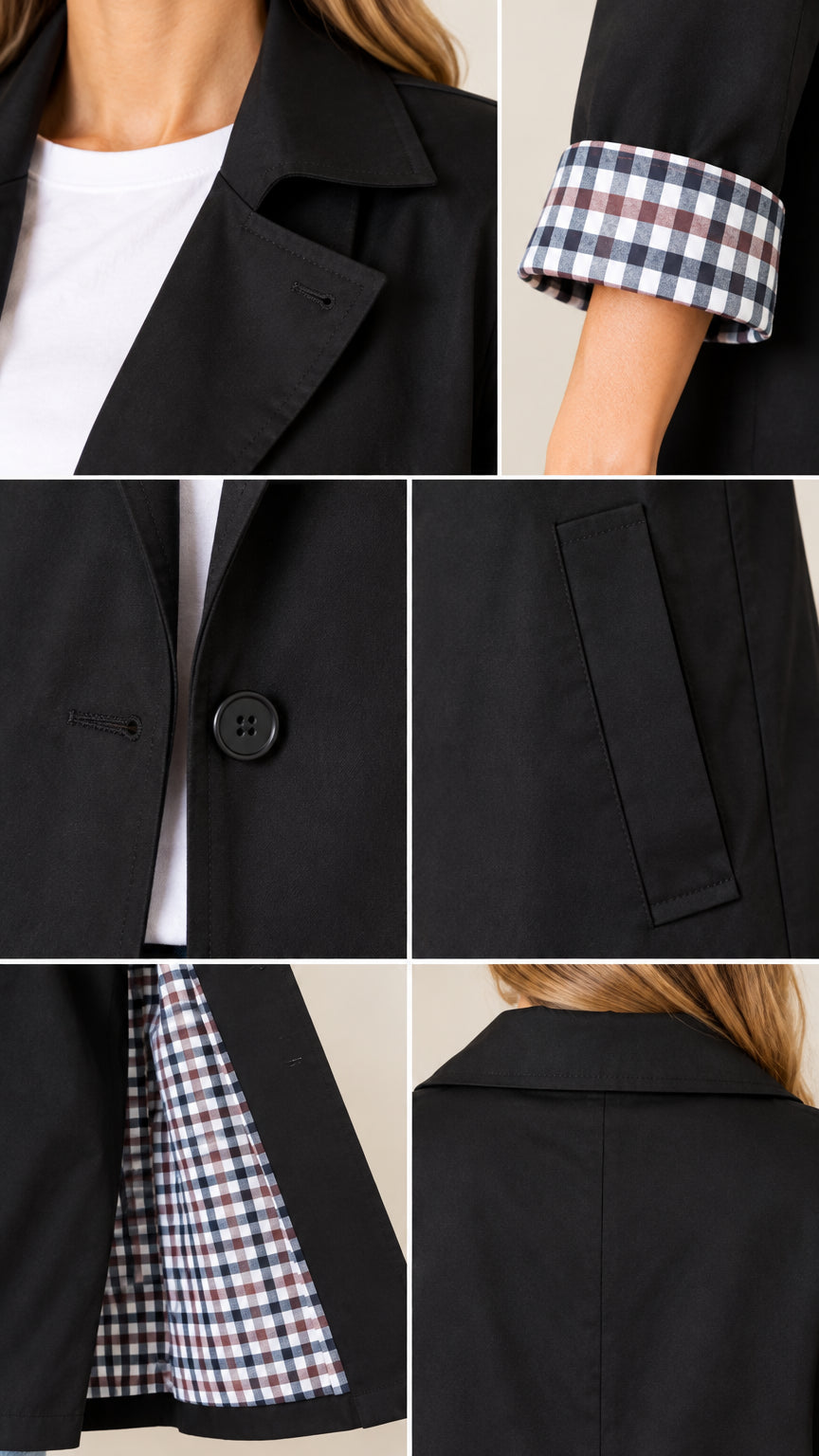 Close-up detail shots showing notched lapel, checked cuffs, button closure, side pocket, and inner plaid lining of black trench coat