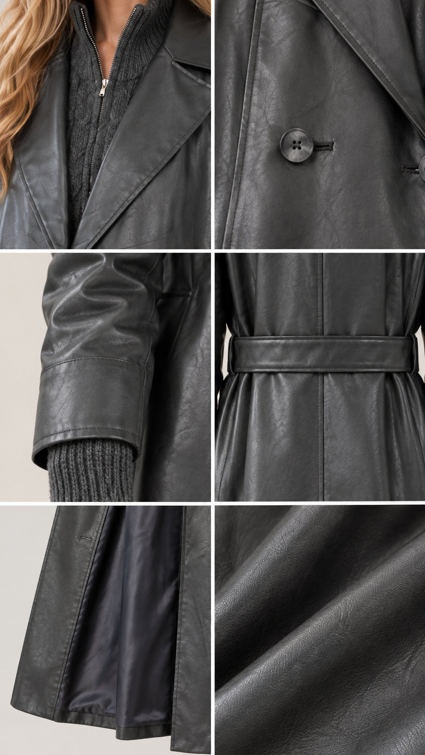 Collage of close-up construction details including lapel, button, cuff, belt loop, and textured faux leather surface