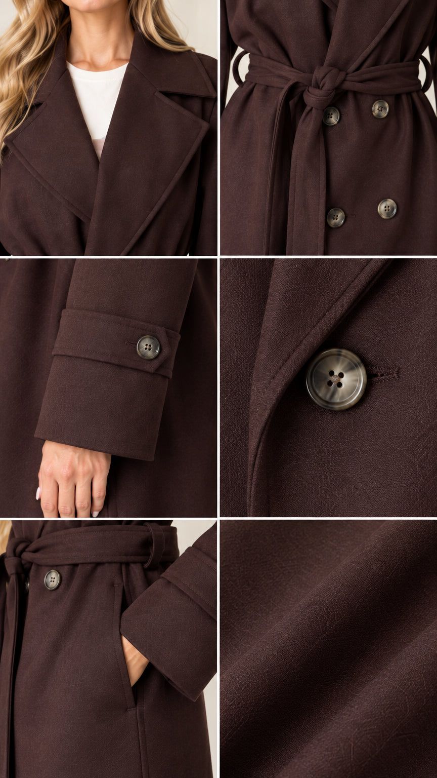 Close-up detail collage showing lapel, buttoned cuff, buttons, and pocket of dark brown coat