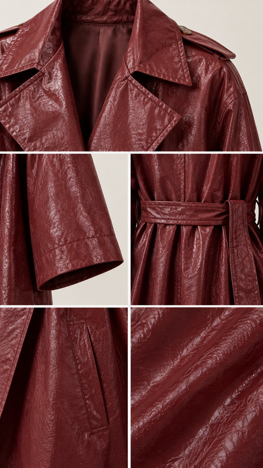 Close-up details of collar lapel, cuff, belt loops, pocket, and textured glossy fabric