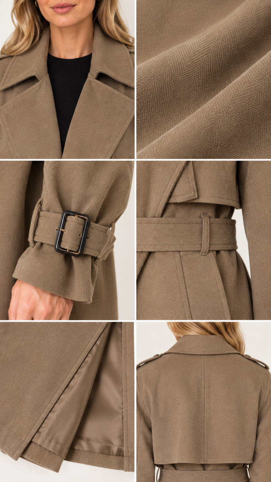 Close-up details of collar, twill fabric, buckled cuffs, and lining on trench coat
