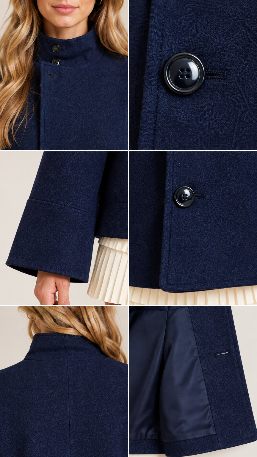 Close-up details of Navy Blue coat showing collar button, front buttons, cuff, and interior lining