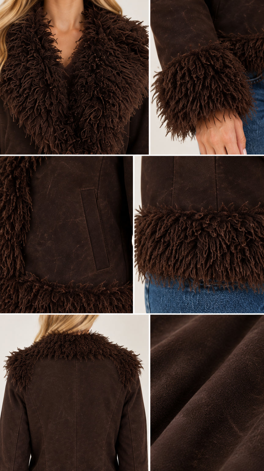 Close-up detail collage showing the shaggy collar, cuff trim, pocket, and suede-like fabric texture