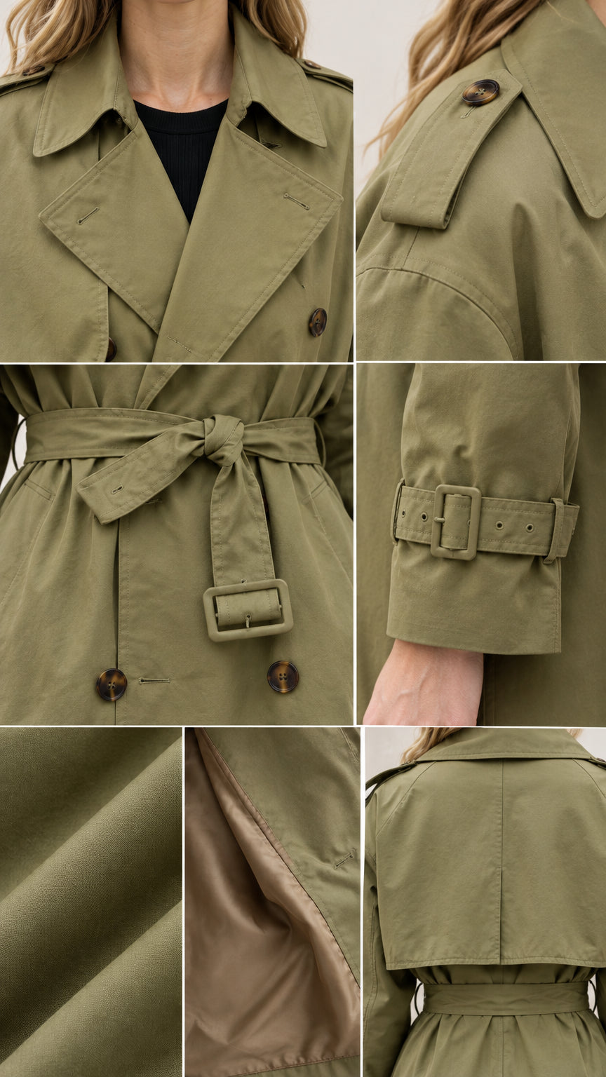 Close-up detail collage of olive green trench coat lapels, shoulder epaulet, buckle belt, sleeve cuff, lining, and back flap