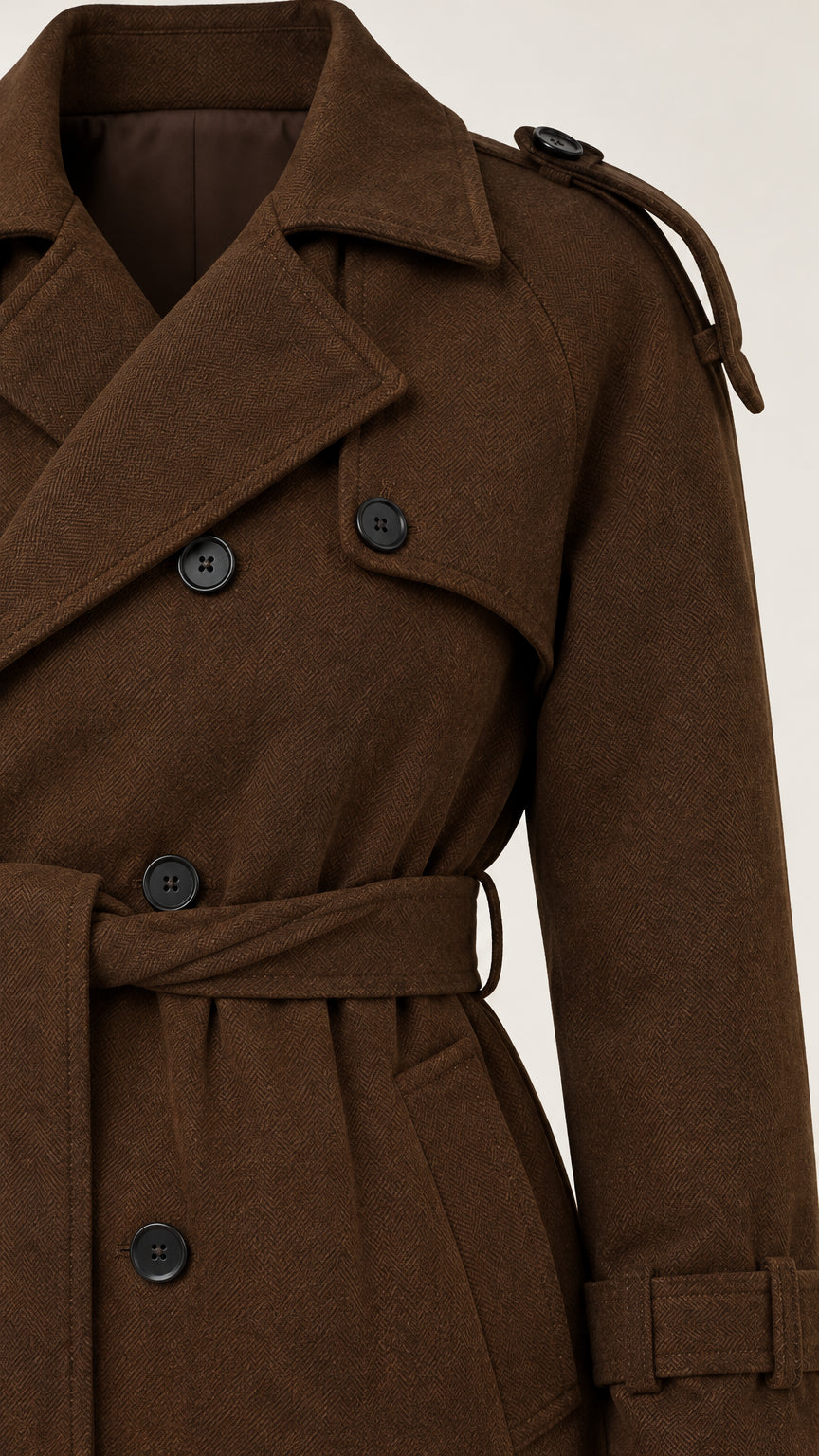 Close-up detail of brown trench coat notched lapels, epaulets, and woven fabric texture