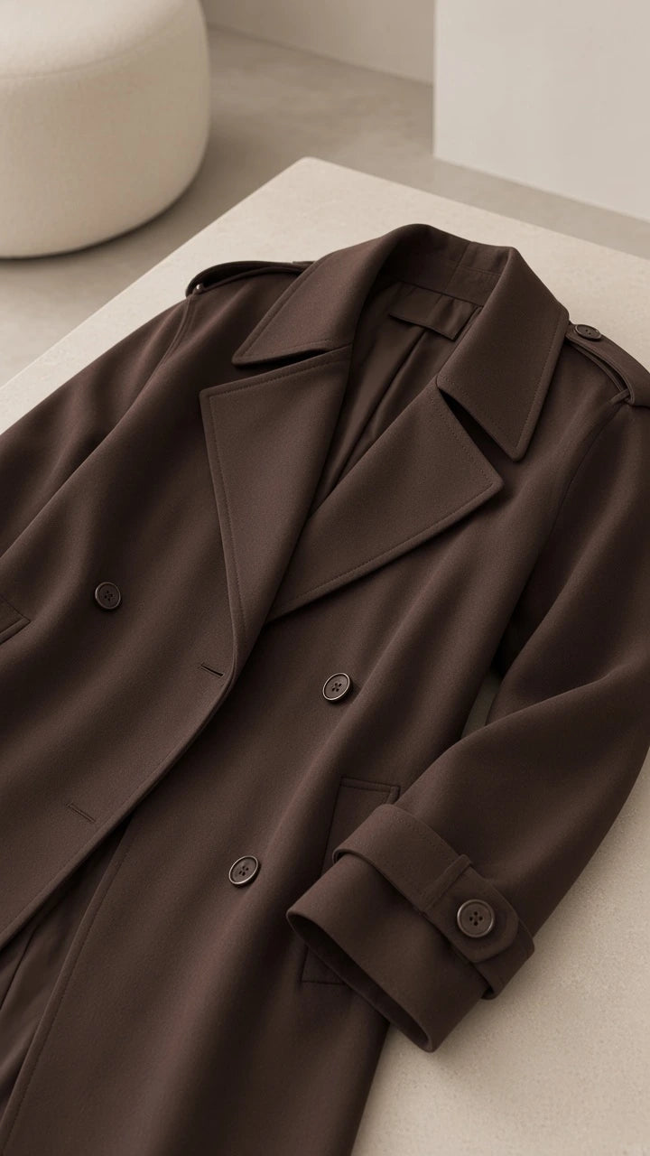Close-up detail of the brown trench coat collar, notched lapels, and buttoned cuff strap
