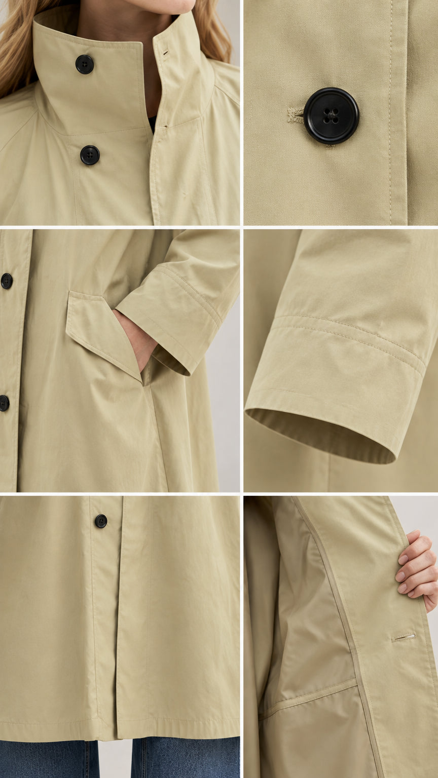 Close-up detail shots showing high stand collar, button fasteners, flap pockets, sleeve hem, and lining finish