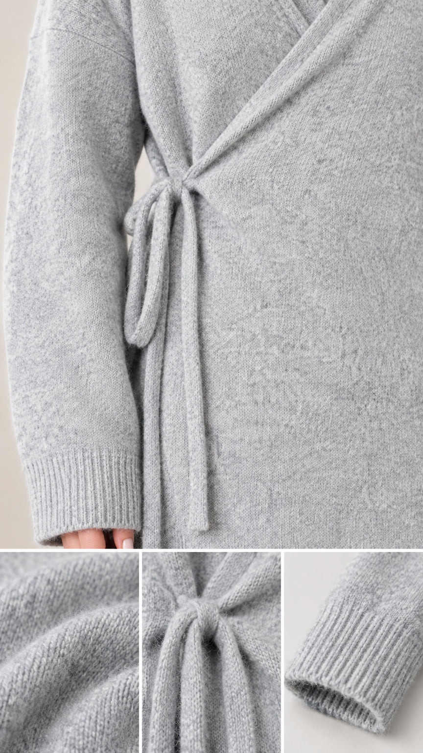 Close-up details of Light Gray knit fabric, side tie closure, and ribbed cuff