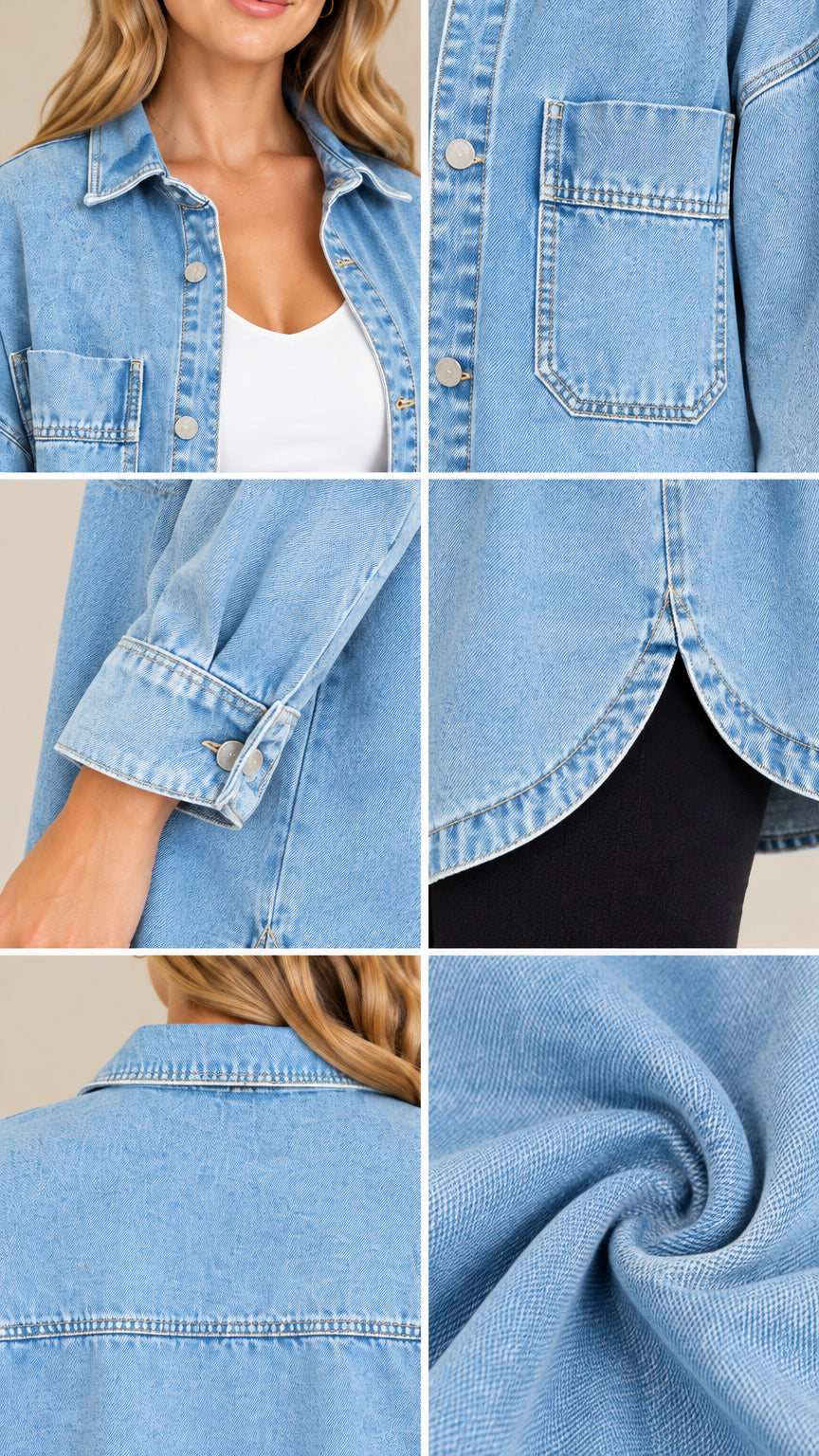 Detailed close-ups of the denim shacket collar, chest pocket, button cuff, hem split, and fabric texture