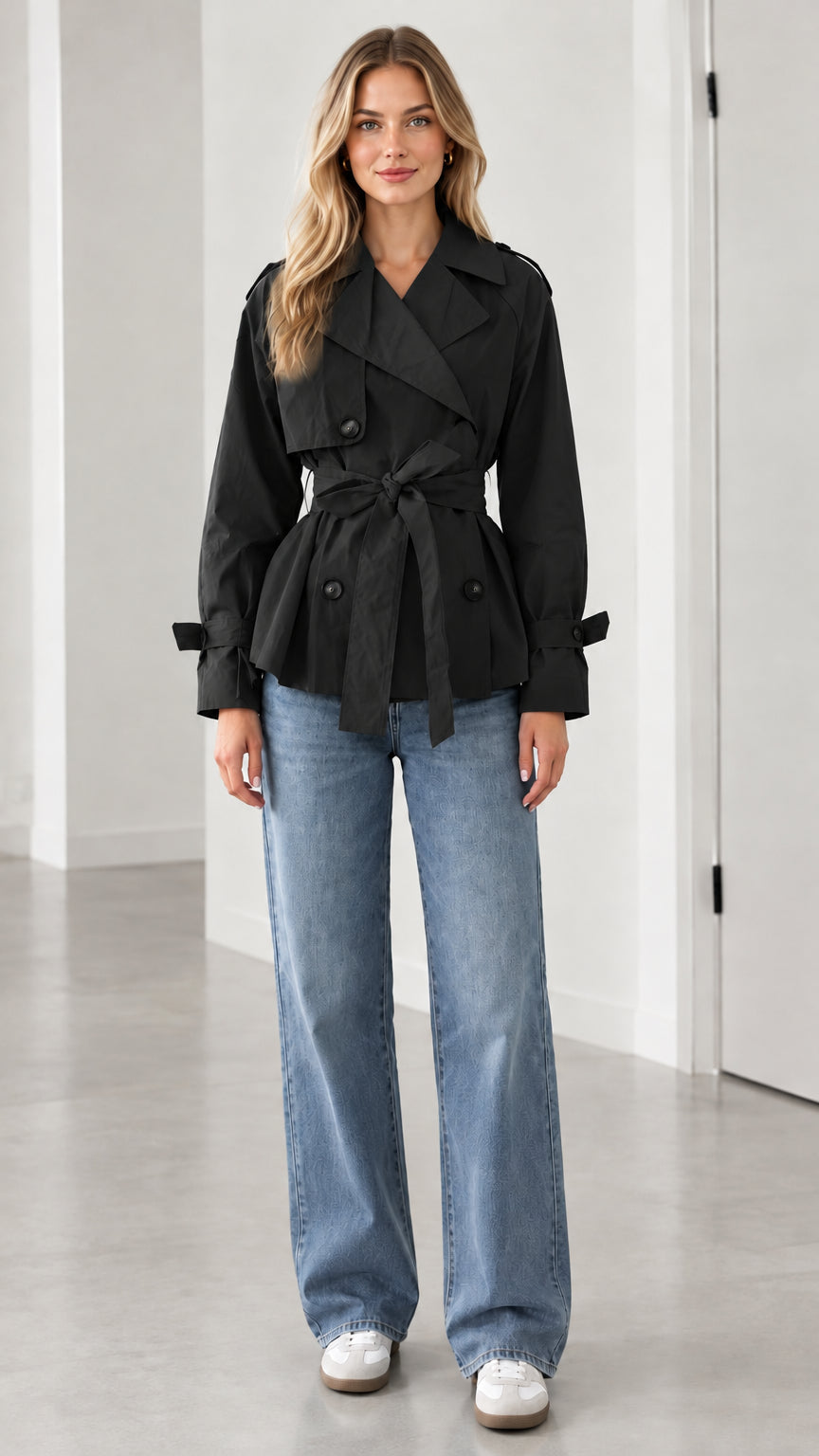 Front view of model wearing black short double-breasted belted trench coat