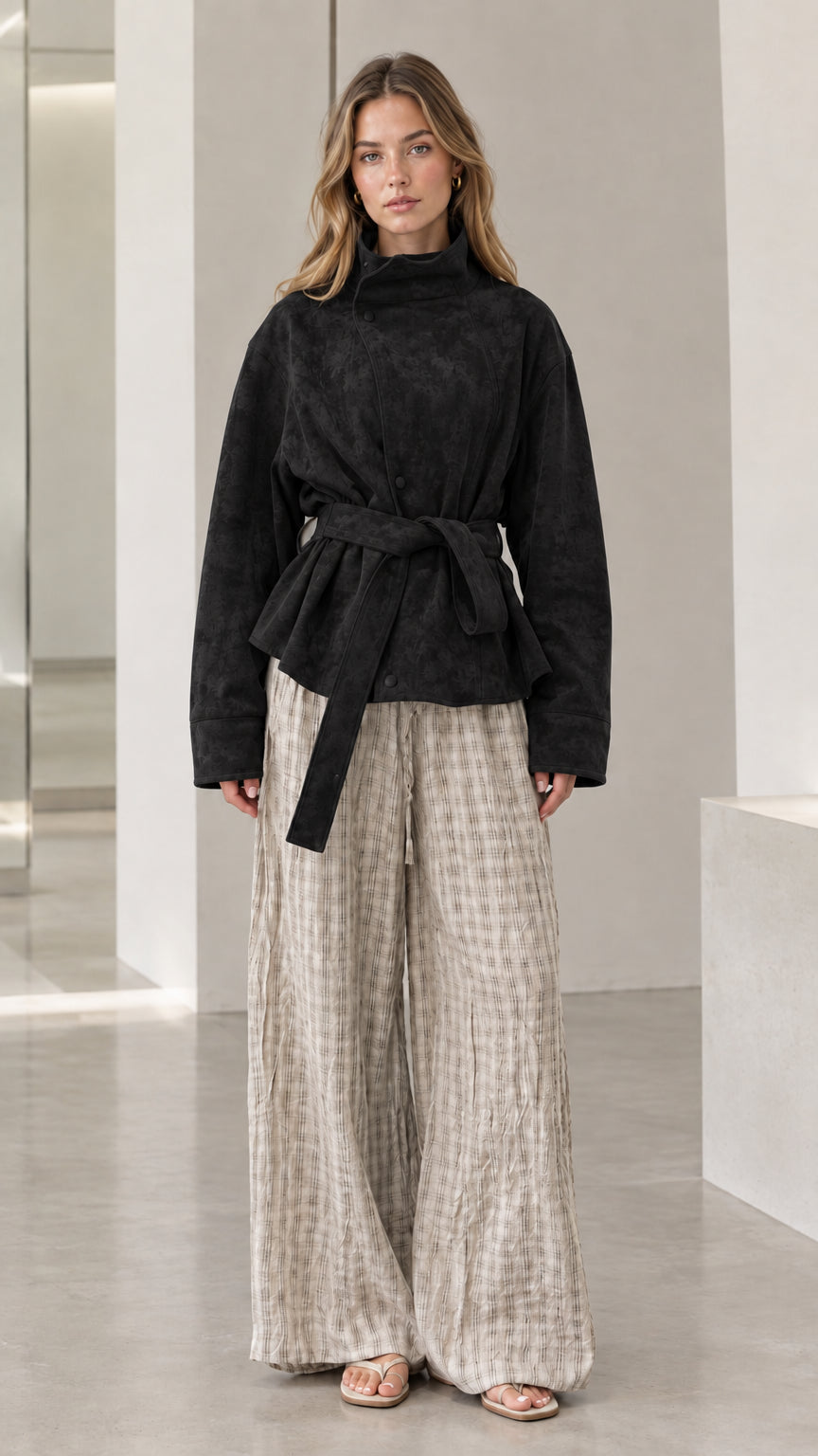 Front view of model wearing black belted high-neck suede jacket paired with textured trousers