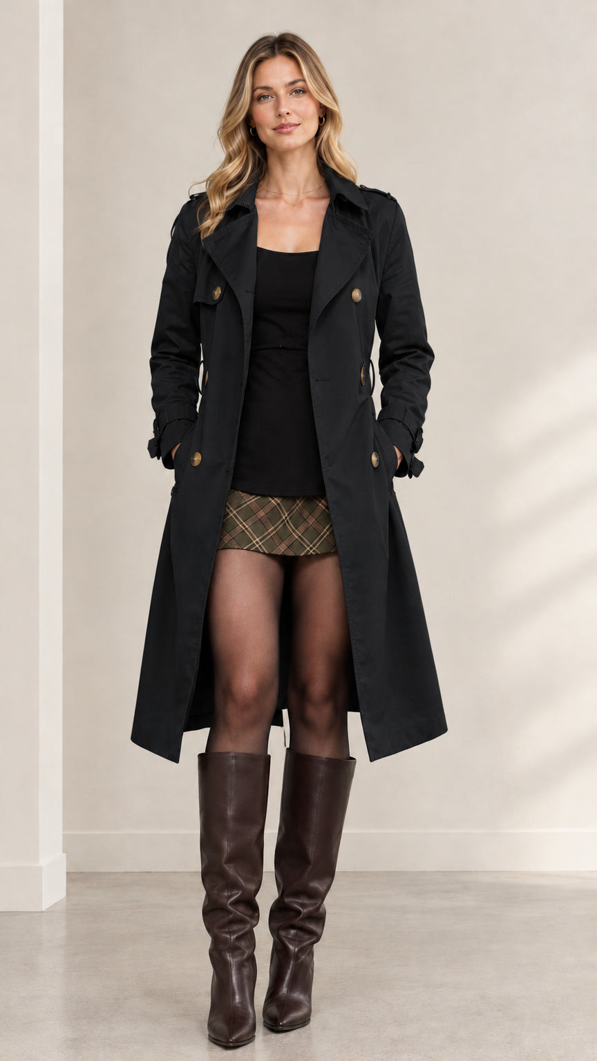 Full front view of model wearing black double-breasted long trench coat