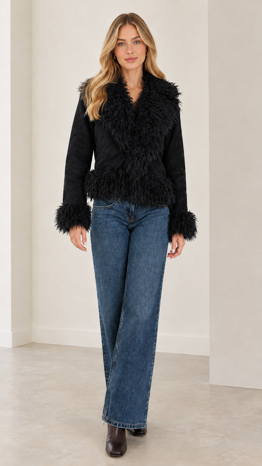 Full front view of the black faux suede jacket with matching black shaggy trim