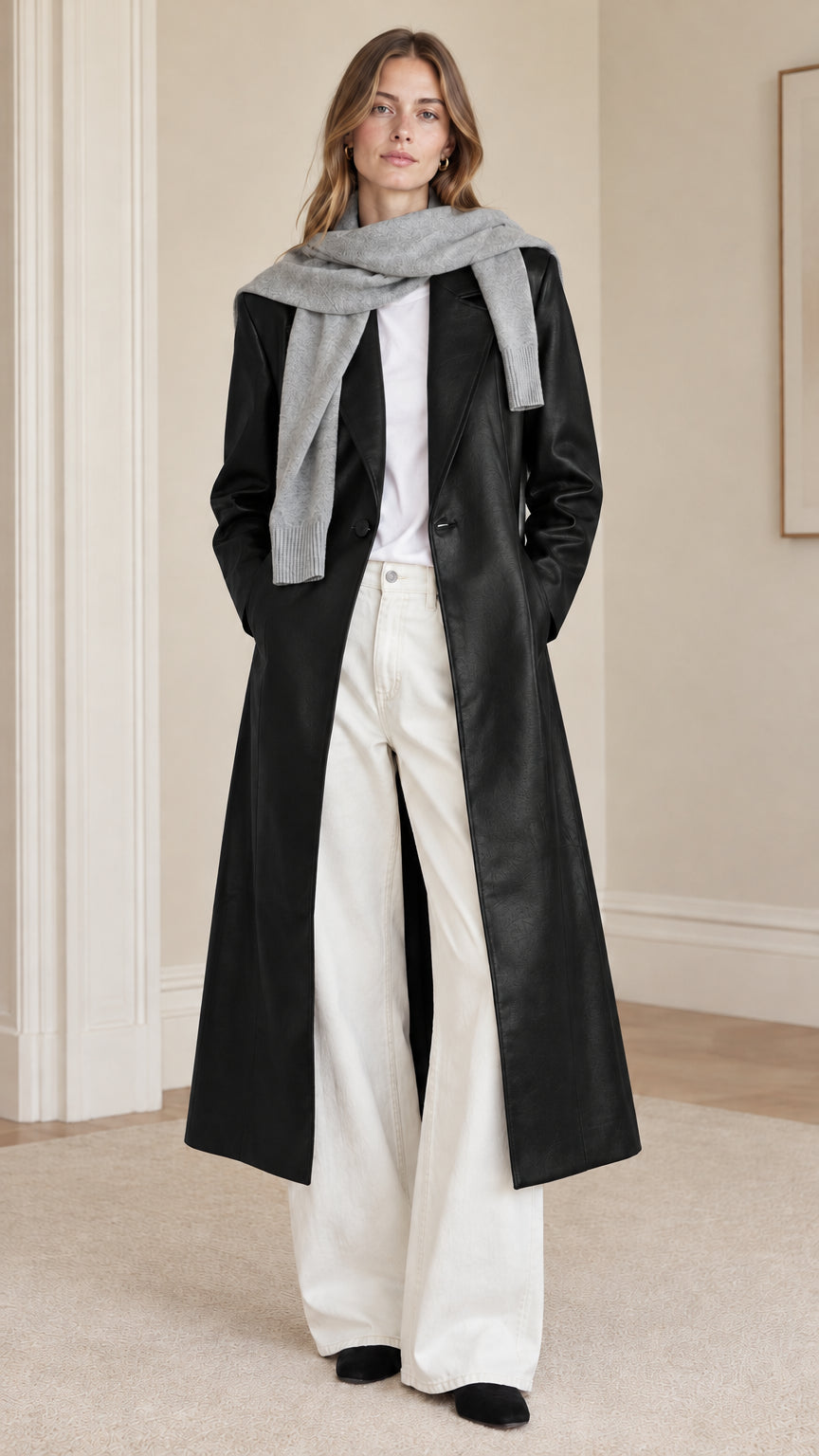 Model wearing black longline faux leather trench coat styled with wide-leg pants and grey scarf