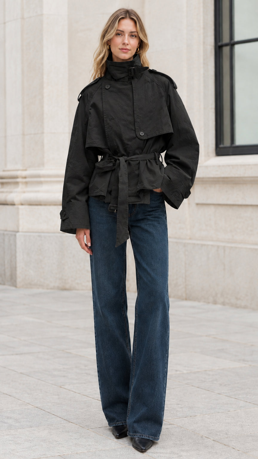 Full-length shot of model wearing black cropped belted trench jacket paired with wide-leg jeans