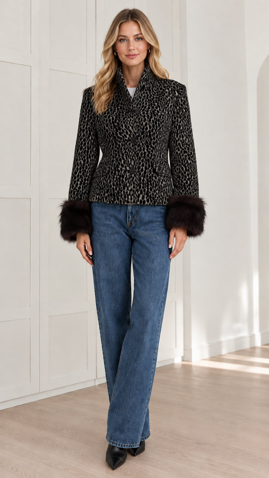 Front view of black and grey leopard print jacket with faux fur cuffs and jeans