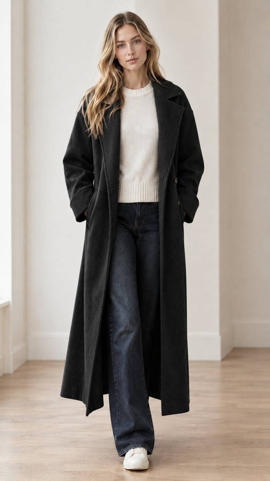 Full-length view of model wearing classic black longline belted coat