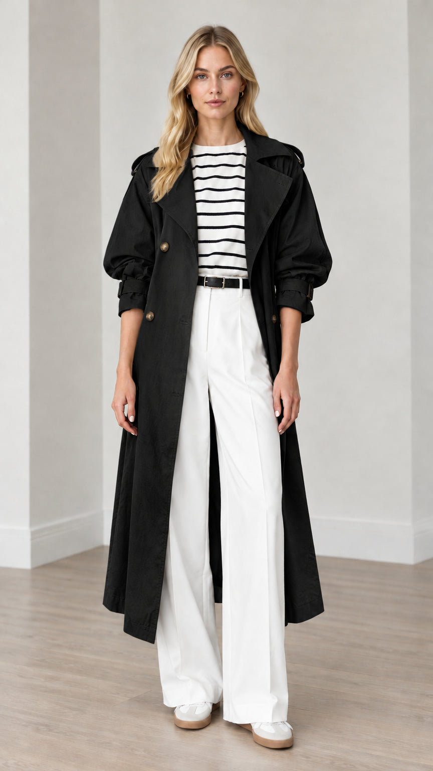 Full-length front view of woman wearing black double-breasted long trench coat