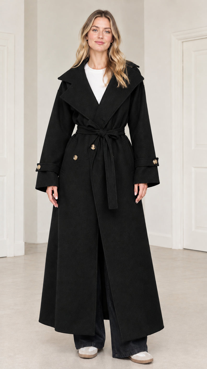 Front full-length view of woman wearing black maxi belted trench coat