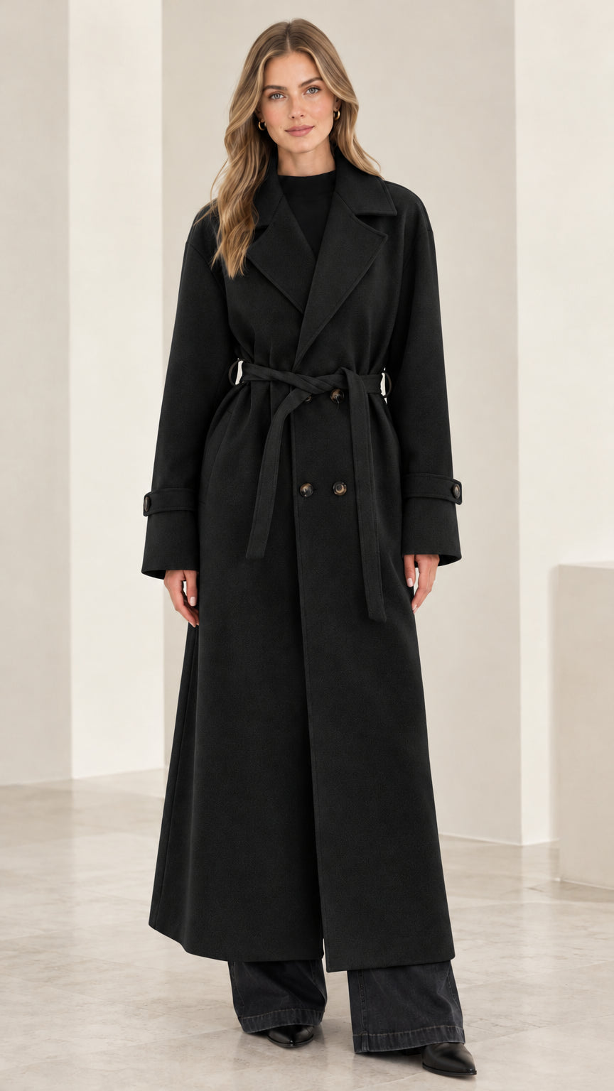Front view of woman modeling a black double-breasted maxi belted trench coat